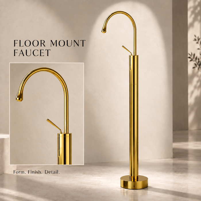 Glossy gold floor mount basin faucet with tall curved spout and single lever handle, modern freestanding bathroom tap for luxury wash basin installations by Bassino.