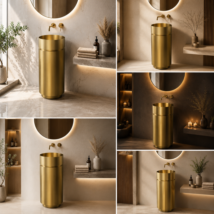 Gold Metal Pedestal Wash Basin with Storage 