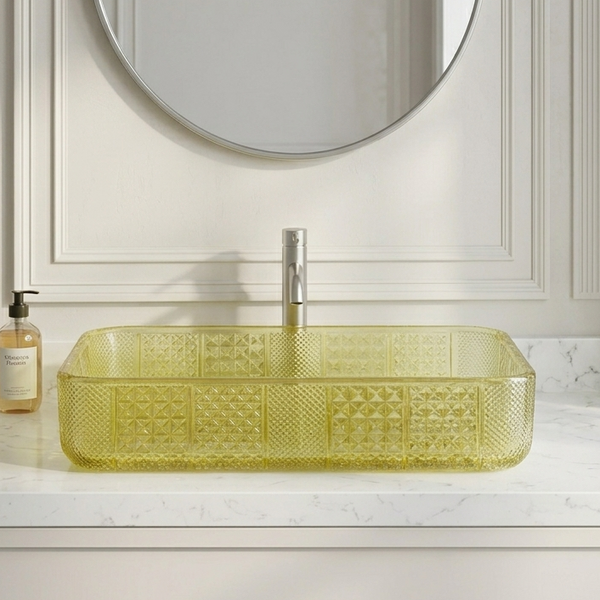 Bassino Modern Transparent Glass Wash Basin | Stylish Countertop Wash Basin for Bathroom–460x320x105 mm Gold