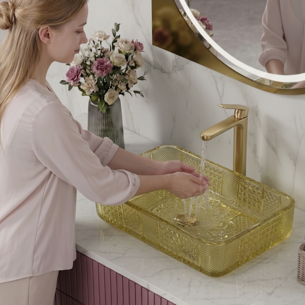 Bassino Modern Transparent Glass Wash Basin | Stylish Countertop Wash Basin for Bathroom–460x320x105 mm Gold