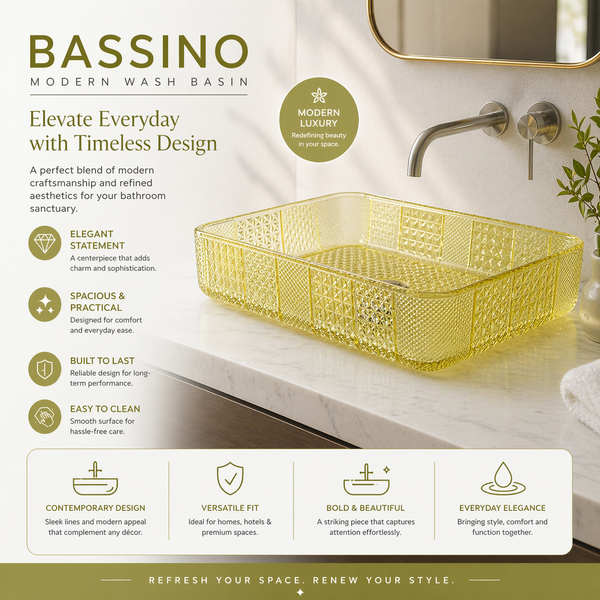 Bassino Modern Transparent Glass Wash Basin | Stylish Countertop Wash Basin for Bathroom–460x320x105 mm Gold