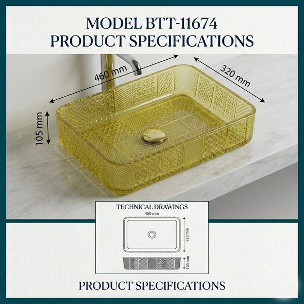 Bassino Modern Transparent Glass Wash Basin | Stylish Countertop Wash Basin for Bathroom–460x320x105 mm Gold