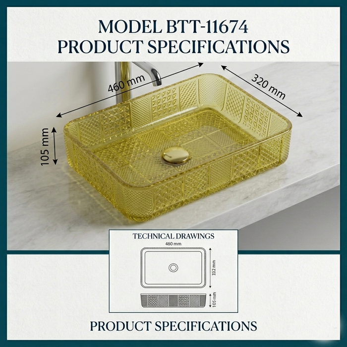 Gold Rectangle Transparent Glass Wash Basin Size