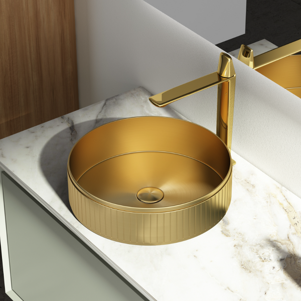 Bassino Modern Stainless Steel Wash Basin | Stylish Countertop Wash Basin for Bathroom–400x400x130 mm Gold