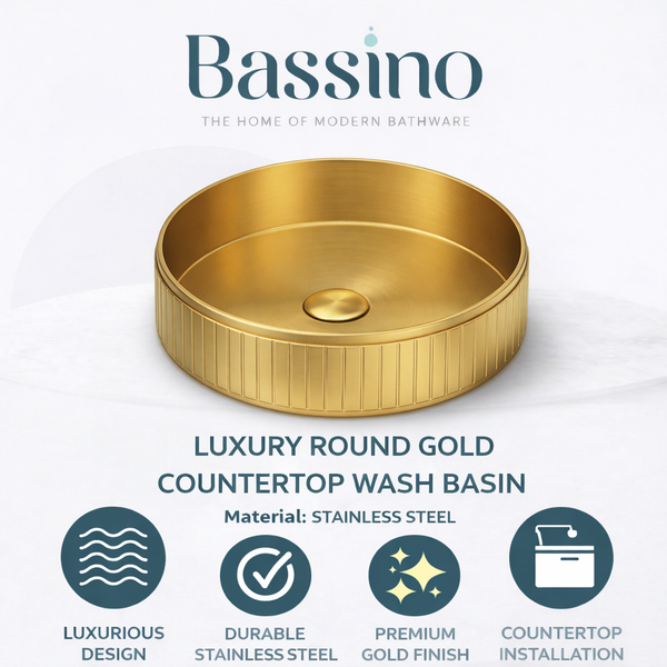 Bassino Modern Stainless Steel Wash Basin | Stylish Countertop Wash Basin for Bathroom–400x400x130 mm Gold