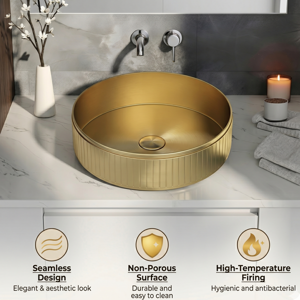 Bassino Modern Stainless Steel Wash Basin | Stylish Countertop Wash Basin for Bathroom–400x400x130 mm Gold