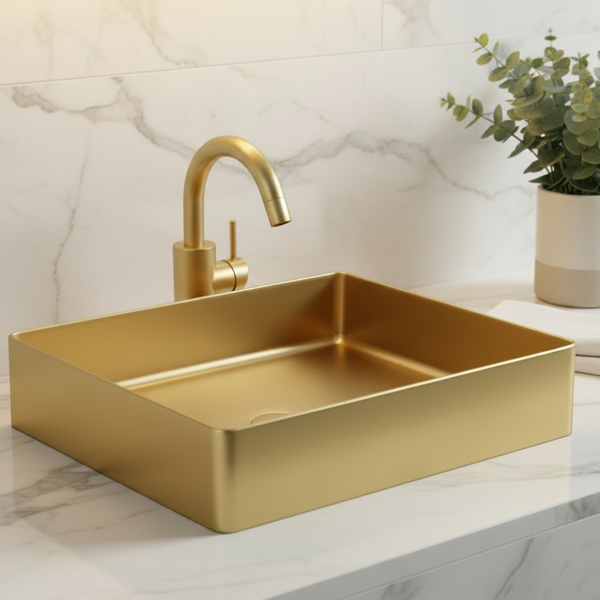 Bassino Modern Stainless Steel Wash Basin | Stylish Countertop Wash Basin for Bathroom–500x350x120 mm Gold
