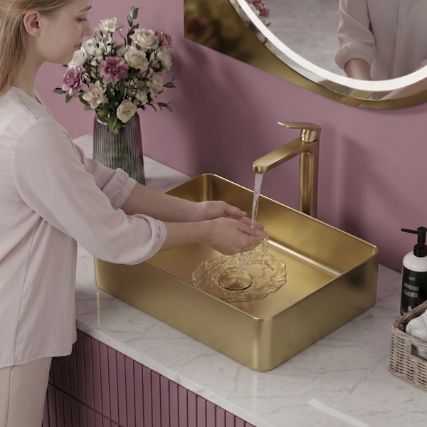 Bassino Modern Stainless Steel Wash Basin | Stylish Countertop Wash Basin for Bathroom–500x350x120 mm Gold