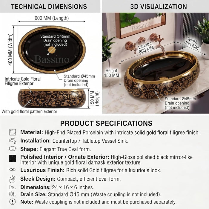 Gold and Black Vessel shape Table Top Basin 