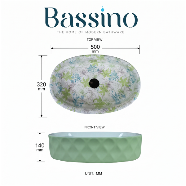 Floral Ceramic Table Top Wash Basin – 19.7 × 12.6 × 5.5 Inch | Glossy Designer Countertop Basin