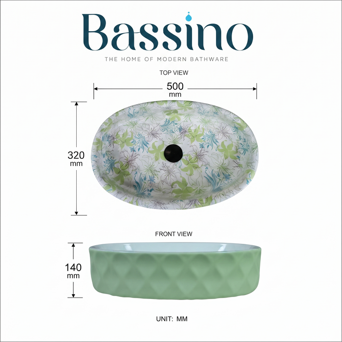 Green blue and white floral ceramic table top wash basin with glossy finish, oval designer countertop basin measuring 500 × 320 × 140 mm for modern bathrooms.
