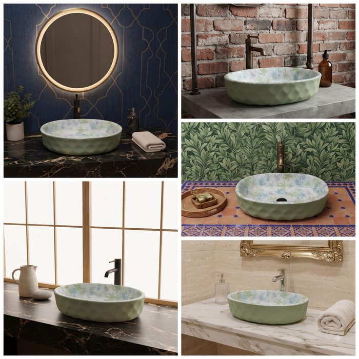 Green blue and white floral ceramic table top wash basin with glossy finish, oval designer countertop basin measuring 500 × 320 × 140 mm for modern bathrooms.