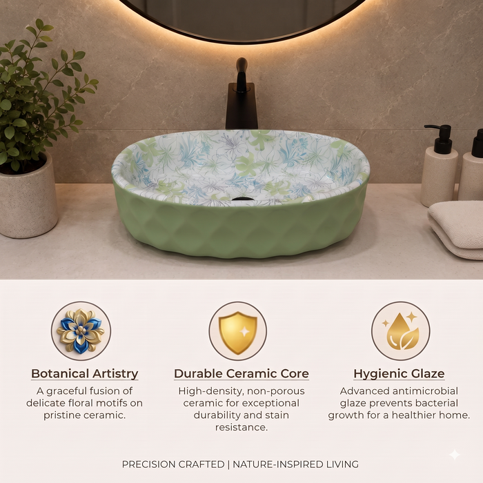 Green blue and white floral ceramic table top wash basin with glossy finish, oval designer countertop basin measuring 500 × 320 × 140 mm for modern bathrooms.