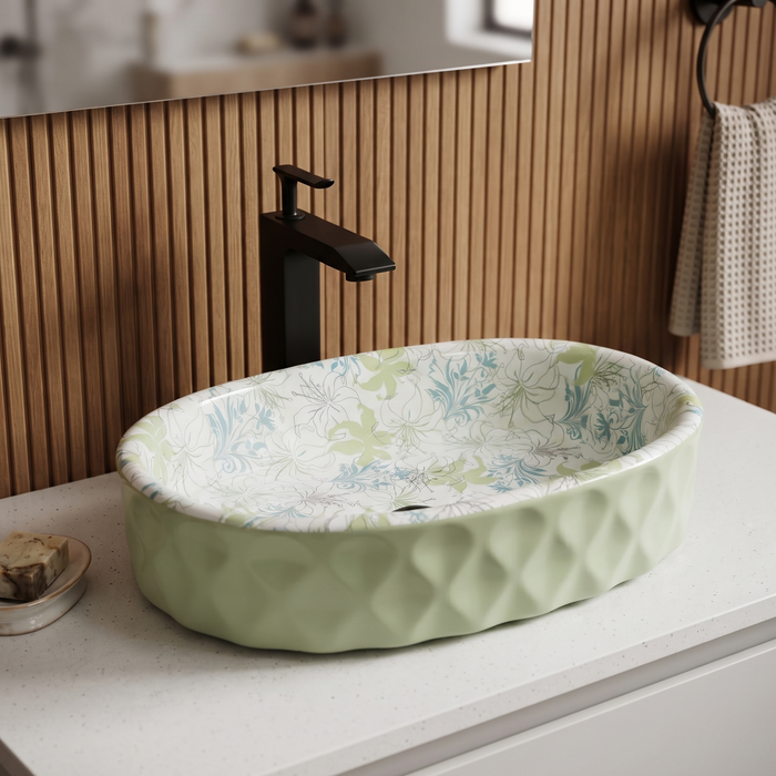 Green blue and white floral ceramic table top wash basin with glossy finish, oval designer countertop basin measuring 500 × 320 × 140 mm for modern bathrooms.