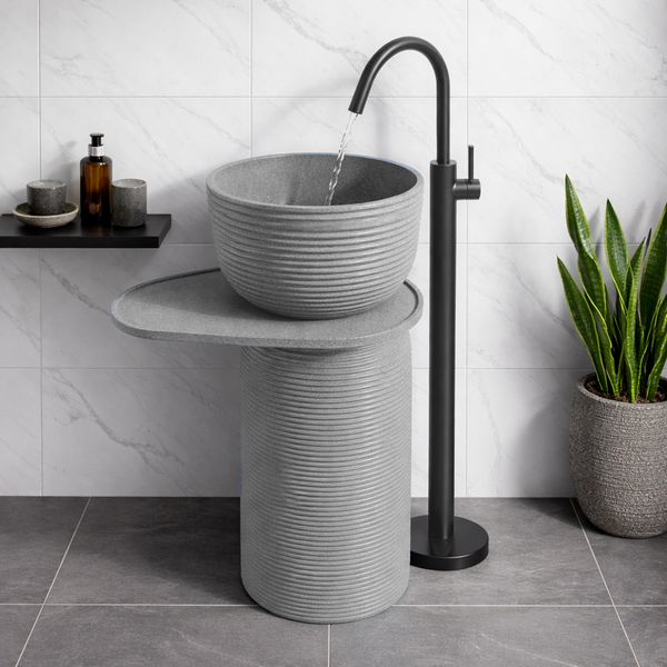 Luxury Pedestal Wash Basin with Side Shelf | Artificial Stone Freestanding Basin | 23.5″ × 16″ × 34″ In Grey