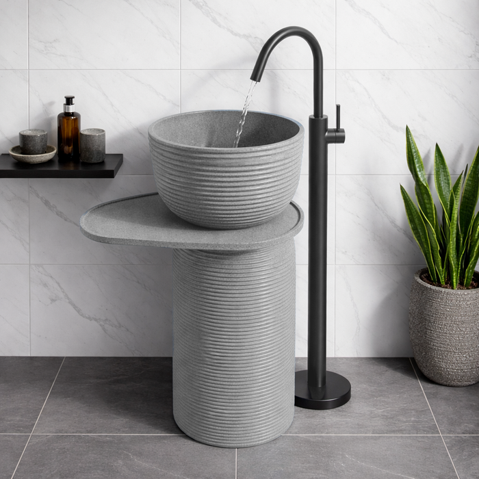 Luxury Pedestal Wash Basin with Side Shelf | Artificial Stone Freestanding Basin | 23.5″ × 16″ × 34″ In Grey