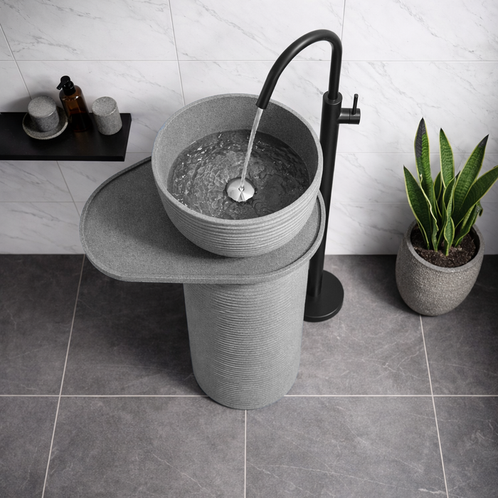 Luxury Pedestal Wash Basin with Side Shelf | Artificial Stone Freestanding Basin | 23.5″ × 16″ × 34″ In Grey