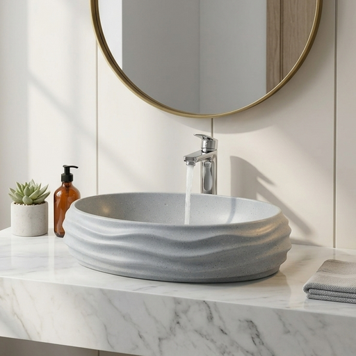 Grey Terrazzo Matt Sculpted Oval Basin 