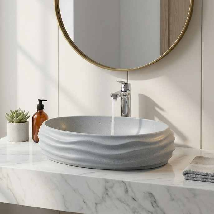 Grey Terrazzo Matt Sculpted Oval Basin 