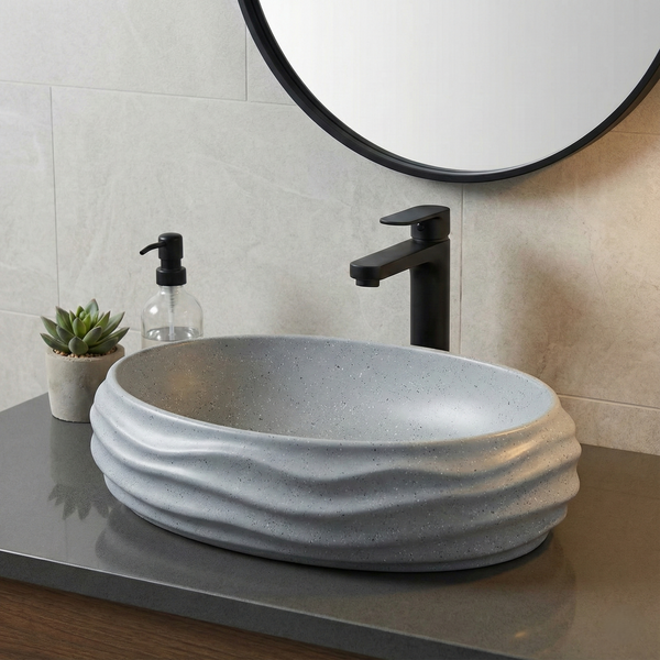 Terrazzo Matt Designer Countertop Wash Basin | Sculpted Oval Basin (22″ × 15″ × 6″ IN) Grey