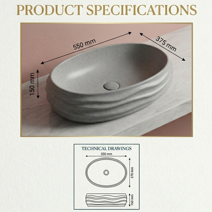 Grey Terrazzo Matt Sculpted Oval Basin Size
