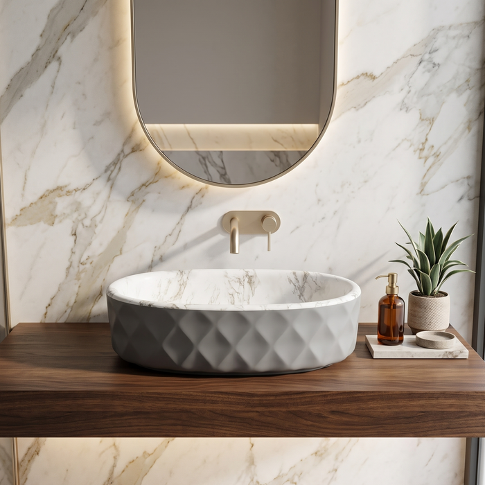 Grey and white marble design ceramic table top wash basin with textured exterior, 500 × 320 × 140 mm