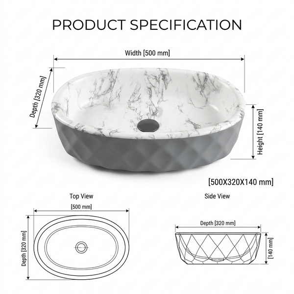 Luxury Marble Design Ceramic Table Top Wash Basin – Grey Textured Finish | 500 × 320 × 140 mm