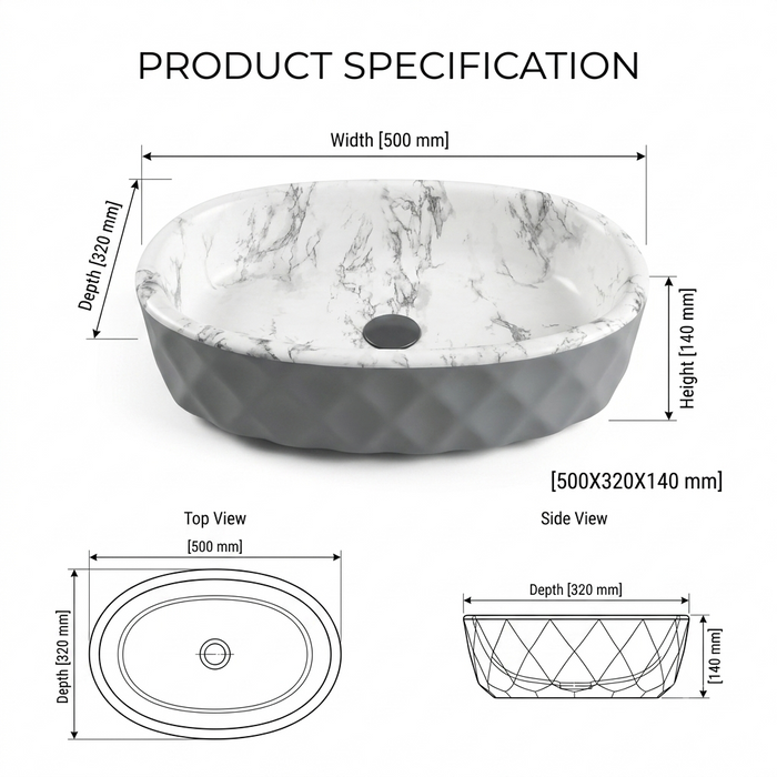 Grey and white marble design ceramic table top wash basin with textured exterior, 500 × 320 × 140 mm