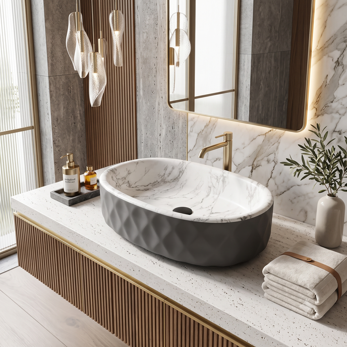 Grey and white marble design ceramic table top wash basin with textured exterior, 500 × 320 × 140 mm