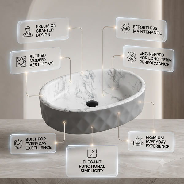Luxury Marble Design Ceramic Table Top Wash Basin – Grey Textured Finish | 500 × 320 × 140 mm