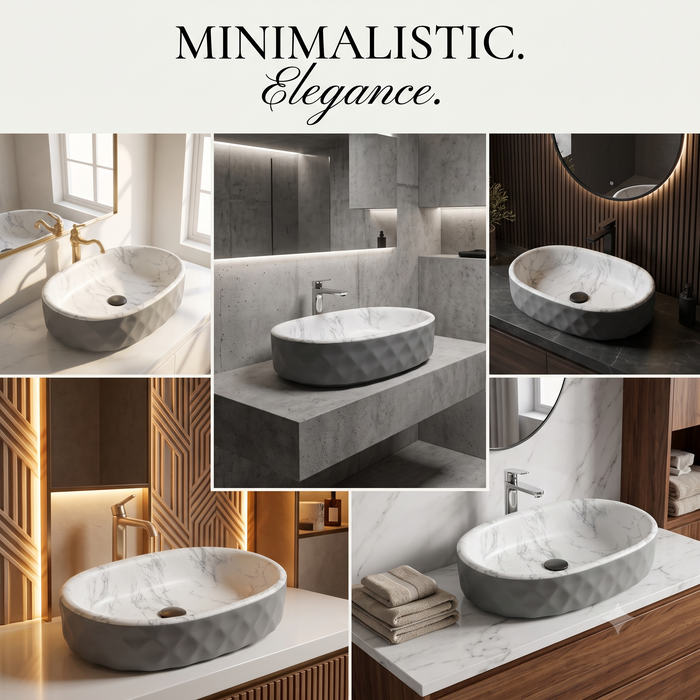 Grey and white marble design ceramic table top wash basin with textured exterior, 500 × 320 × 140 mm