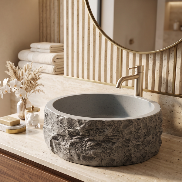 Grey Artificial Stone Table Top Wash Basin – 15.7 × 15.7 × 5.5 Inch | Matte Rock Texture Countertop Basin