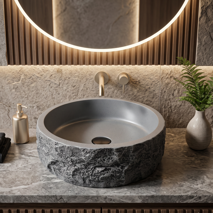 Grey artificial stone table top wash basin with matte finish, round shape and natural rock textured exterior, 400 × 400 × 140 mm.