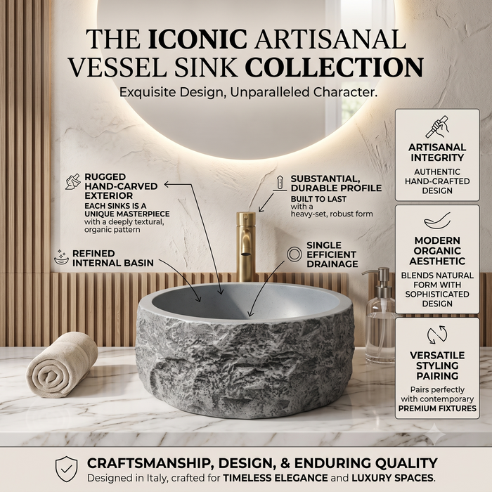 Grey artificial stone table top wash basin with matte finish, round shape and natural rock textured exterior, 400 × 400 × 140 mm.