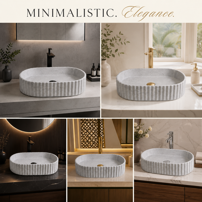 Grey marble fluted ceramic table top wash basin, 510x310x120 mm, with ribbed rounded rectangular design for modern bathrooms.