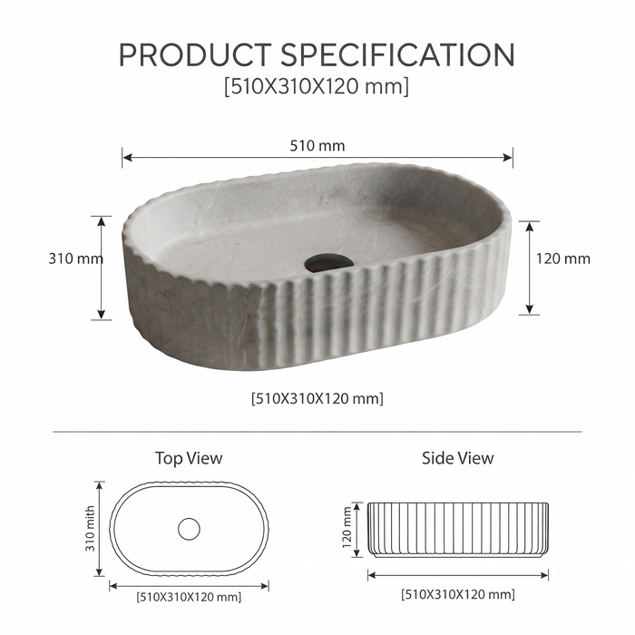 Grey marble fluted ceramic table top wash basin, 510x310x120 mm, with ribbed rounded rectangular design for modern bathrooms.