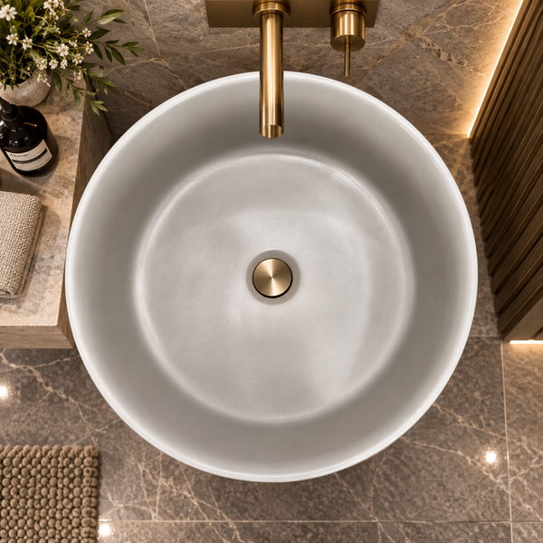 Grey Artificial Stone Freestanding Pedestal Wash Basin 16×16×34 Inch – Matte Finish with Fluted Design & Gold Accent for Modern Luxury Bathrooms