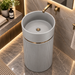 Grey matte artificial stone freestanding pedestal wash basin with round bowl, vertical fluted cylindrical design and gold accent, 400×400×860 mm luxury bathroom sink.