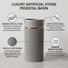 Grey matte artificial stone freestanding pedestal wash basin with round bowl, vertical fluted cylindrical design and gold accent, 400×400×860 mm luxury bathroom sink.