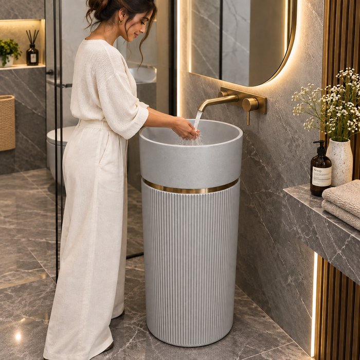 Grey matte artificial stone freestanding pedestal wash basin with round bowl, vertical fluted cylindrical design and gold accent, 400×400×860 mm luxury bathroom sink.