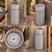 Grey matte artificial stone freestanding pedestal wash basin with round bowl, vertical fluted cylindrical design and gold accent, 400×400×860 mm luxury bathroom sink.