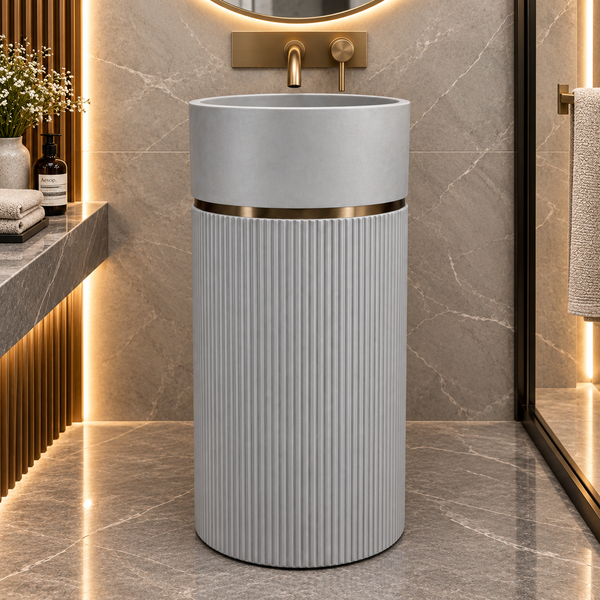 Grey Artificial Stone Freestanding Pedestal Wash Basin 16×16×34 Inch – Matte Finish with Fluted Design & Gold Accent for Modern Luxury Bathrooms