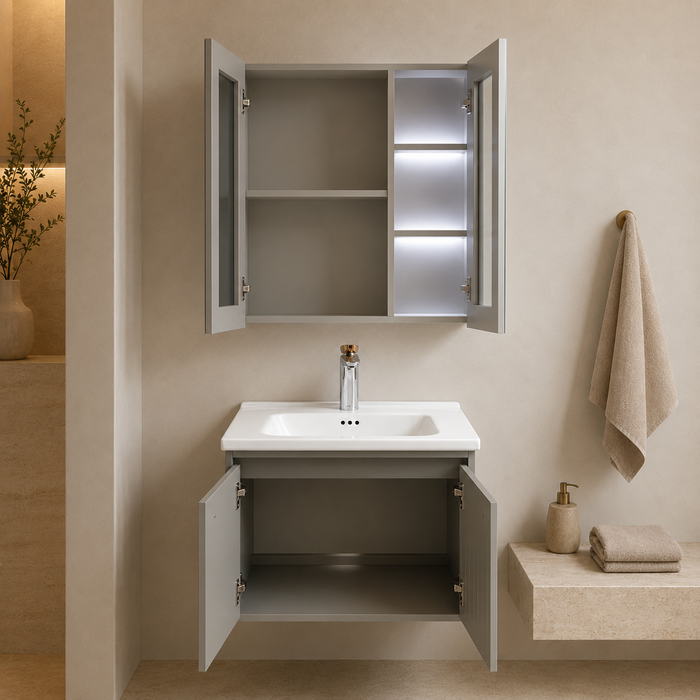 Grey wall-mounted vanity set with upper mirror cabinet and lower storage cabinet doors open, showing spacious internal storage.