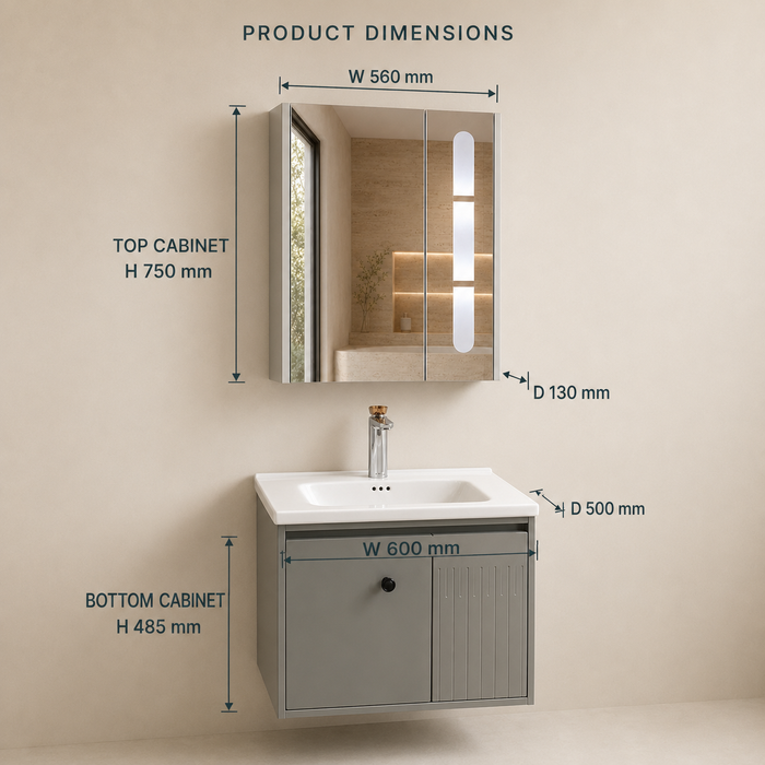 Grey wall-mounted vanity set with upper mirror cabinet and lower storage cabinet doors open, showing spacious internal storage.