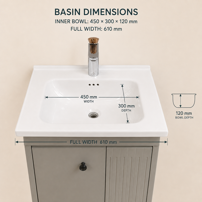 Grey wall-mounted vanity set with upper mirror cabinet and lower storage cabinet doors open, showing spacious internal storage.