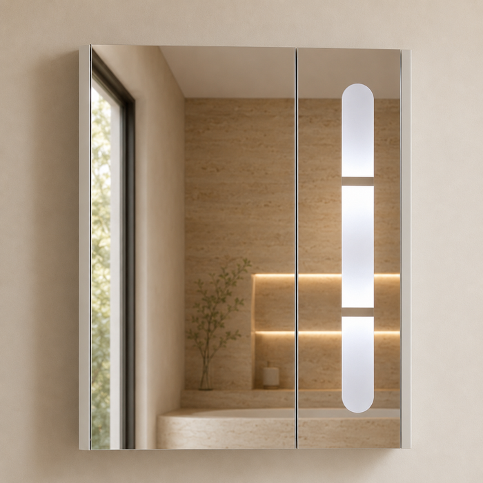 Grey wall-mounted vanity set with upper mirror cabinet and lower storage cabinet doors open, showing spacious internal storage.