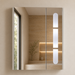 Grey wall-mounted vanity set with upper mirror cabinet and lower storage cabinet doors open, showing spacious internal storage.