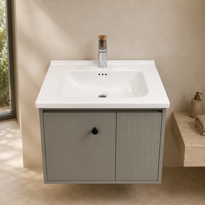 Grey wall-mounted vanity set with upper mirror cabinet and lower storage cabinet doors open, showing spacious internal storage.