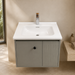 Grey wall-mounted vanity set with upper mirror cabinet and lower storage cabinet doors open, showing spacious internal storage.
