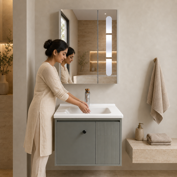 Grey wall-mounted vanity set with upper mirror cabinet and lower storage cabinet doors open, showing spacious internal storage.